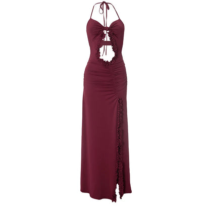 Wine Patchwork High Slit Maxi Dress WINE RED