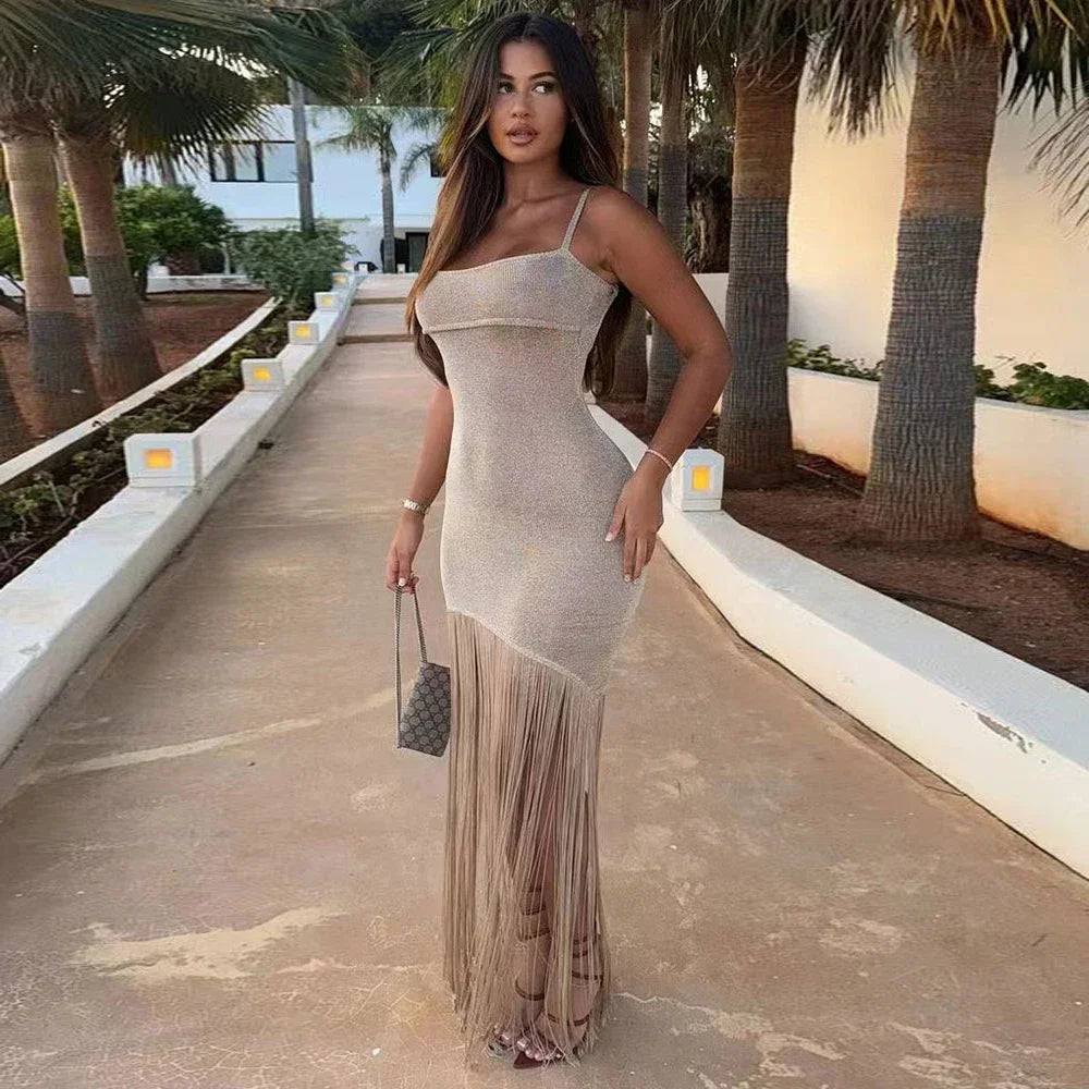 Shiny Tassel Bodycon Maxi Dress Backless Sleeveless Gown Long Dress