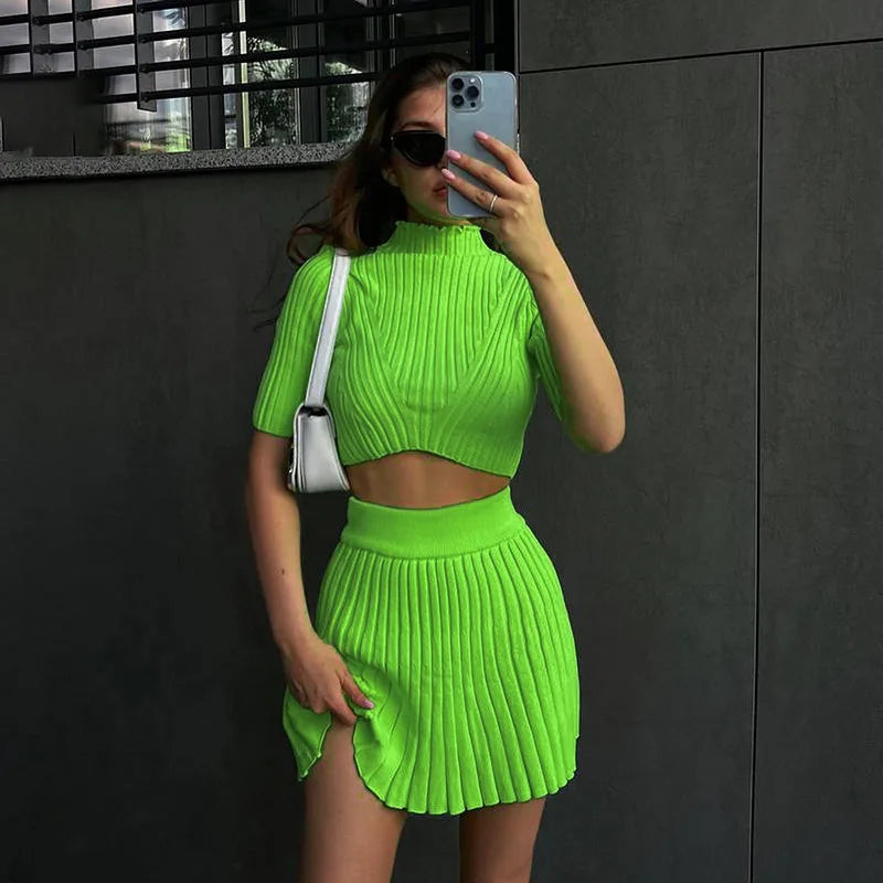 Knitted Pleated Top and Mini Skirt Set