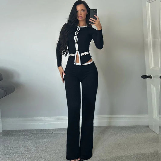Black Knit Long Sleeve Cardigan and Flare Pants Two Piece Set