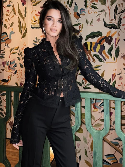 Floral See Through Stand Collar Lace Long Sleeve Top