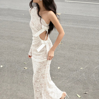 White Lace Hollow Out Sleeveless Sheath Maxi Dress