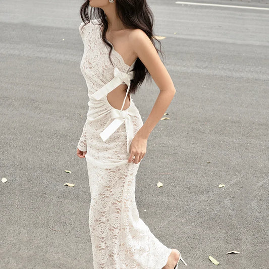 White Lace Hollow Out Sleeveless Sheath Maxi Dress