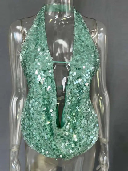 Deep V-neck Green Sequins Halter Top