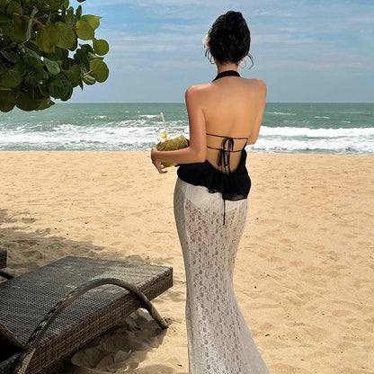 Black Backless Mesh Sleveless Halter Tank Top