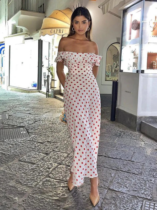 Polka Dot Ruffled Off-Shoulder Maxi Dress