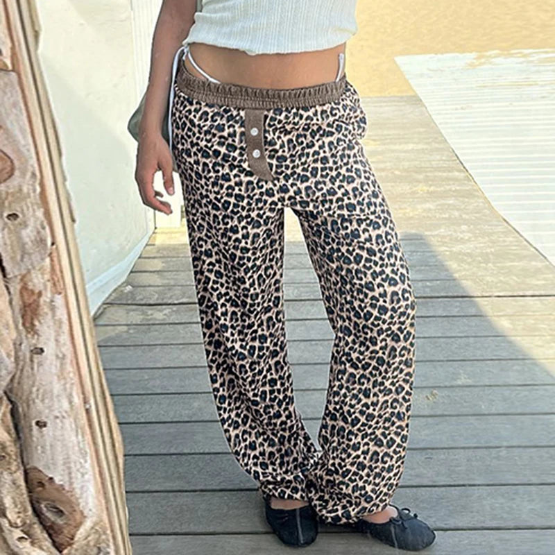 Leopard Patchwork Straight Pant Elatic Wait Trouer Baggy Bottom