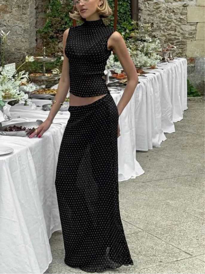 Black Polka Dot Mesh Sheer Top and Long Skirt Two Piece Set
