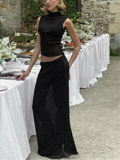 Black Polka Dot Mesh Sheer Top and Long Skirt Two Piece Set