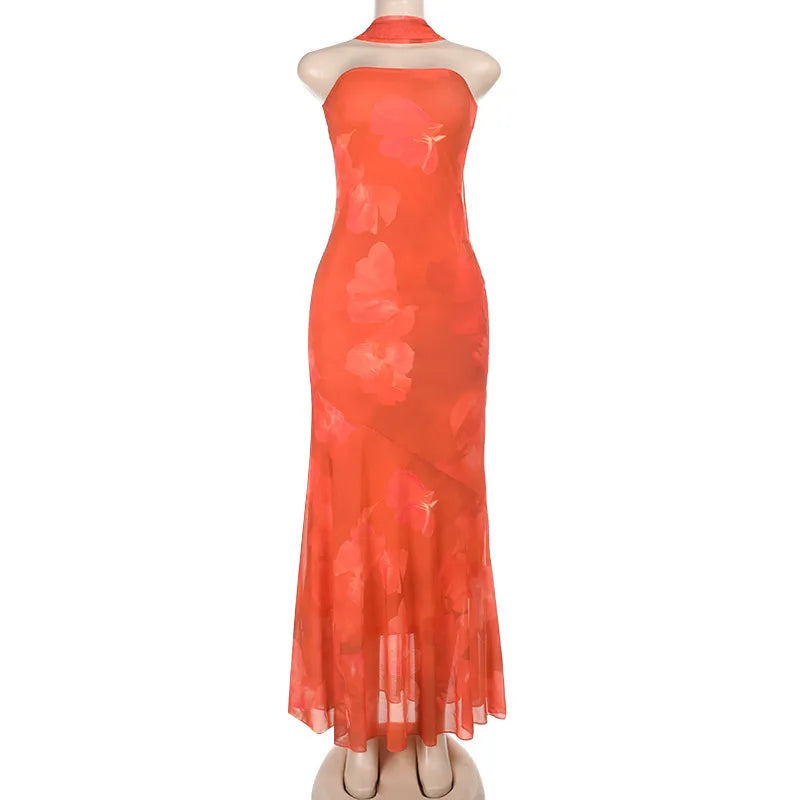 Strapless Ribbon Mesh Dress Long Dress Bodycon High Waist Sleeveless Splice Dress