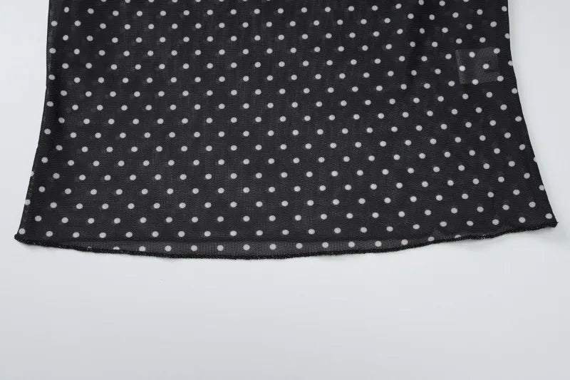 Black Polka Dot Mesh Sheer Top and Long Skirt Two Piece Set