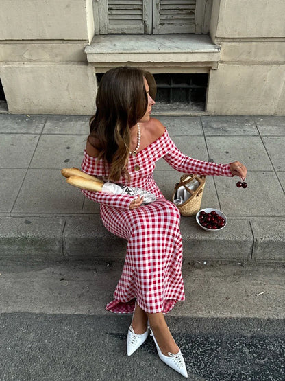 Red Plaid Off Shoulder Maxi Dress