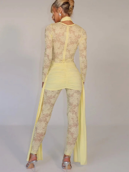 One Piece Long Sleeve See Through Lace Mesh Jumpsuit