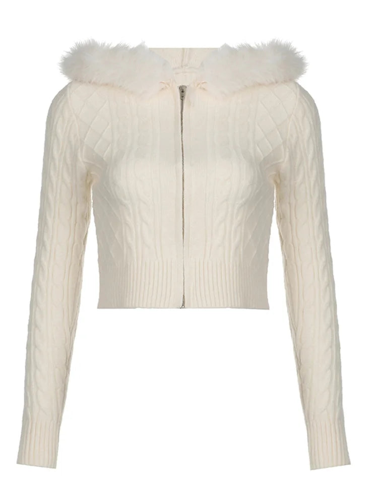 Zip Up Hoodie Coat with Fur Neck WHITE