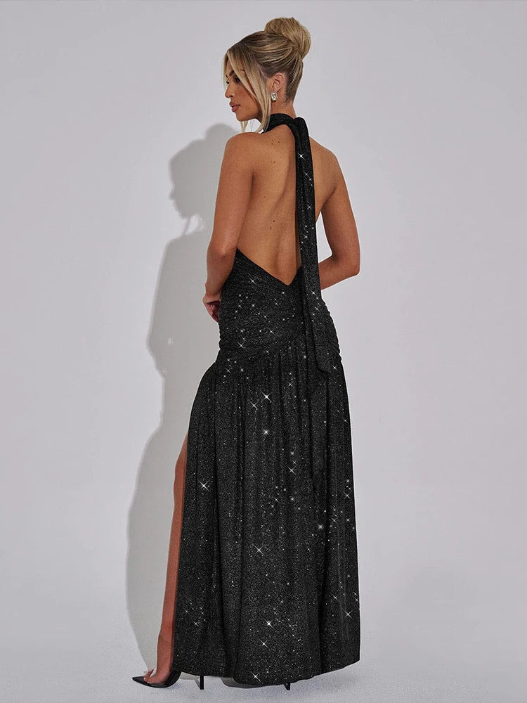 Halter Tael Dress Sequin Pleated Side Slit Solid