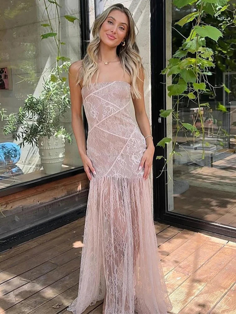 Strapless High Slit Lace Maxi Dress White Backless High Waist Dress