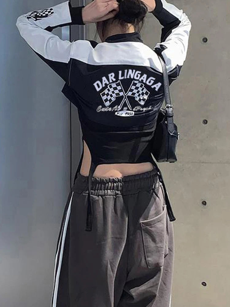 Moto Biker Crop Jackets Zip Up Patchwork Coats