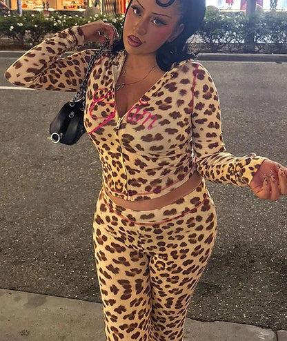 Leopard Print Crop Jacket & Flared Pants Set