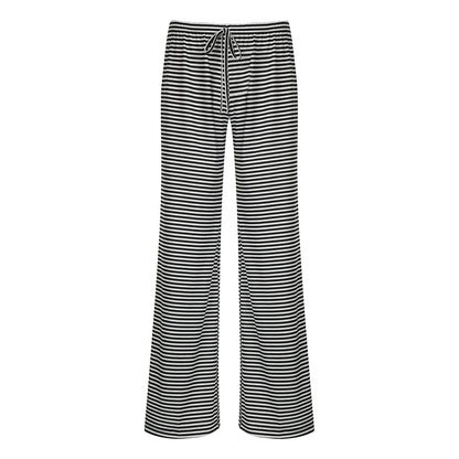 Chic Striped Print Loose Fit Lace-up Trousers Black
