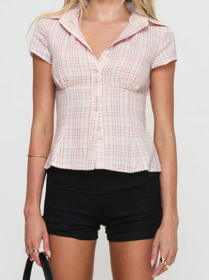 Women’s Short Sleeve Plaid Button Down Shirt
