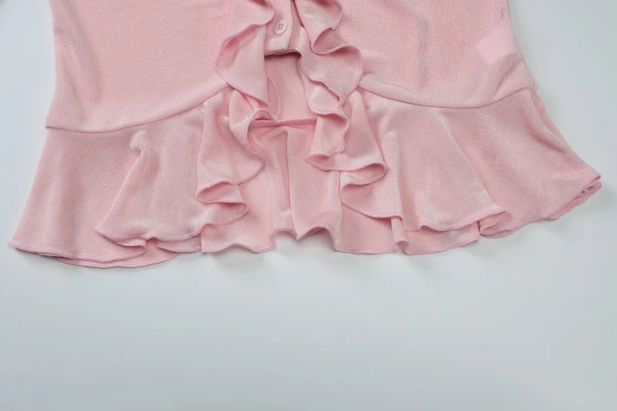Pink Ruffled Flare Sleeve V-Neck Top