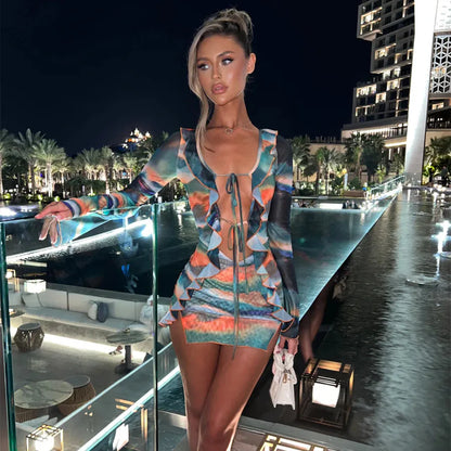 Ruffle Mini Dress with Deep V Neck and Cutout