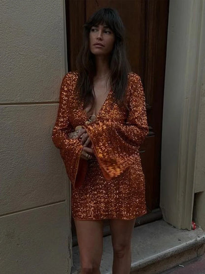 Sequins Hollow-Out Deep V-Neck Mini Dress