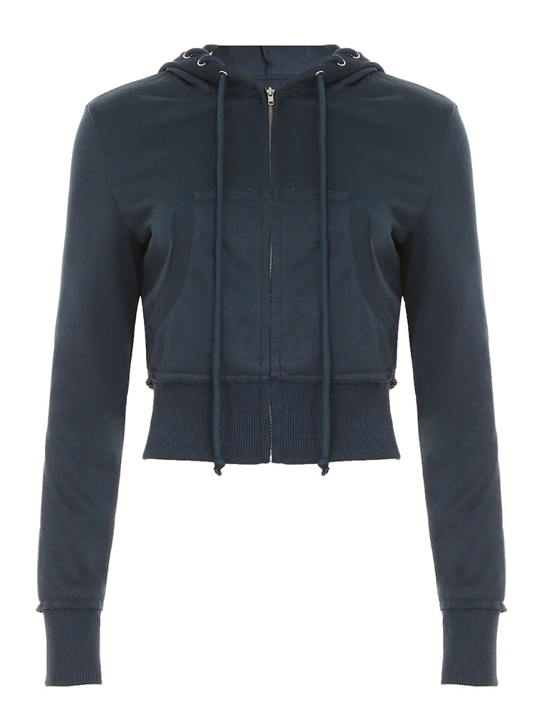 Zip Up Hoodies Coats Front-pockets Sweatshirts Office Lady Long Seelves Jackets