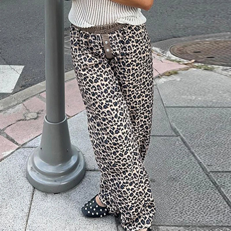 Leopard Patchwork Straight Pant Elatic Wait Trouer Baggy Bottom