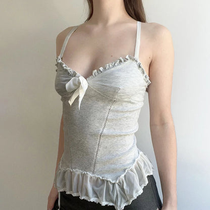Lace Ruffles Bow Top - Elegant Gray Camis