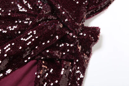 Claret Sequins Deep V Neck Backless Mini Dress