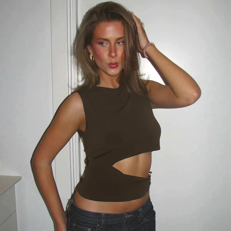 Brown Hollow Out Sleeveless Round Neck Top