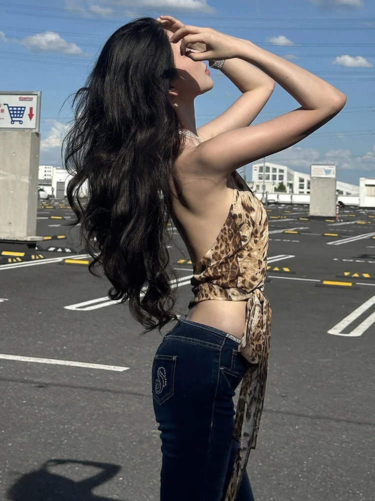 Leopard Backless Halter Tank Top