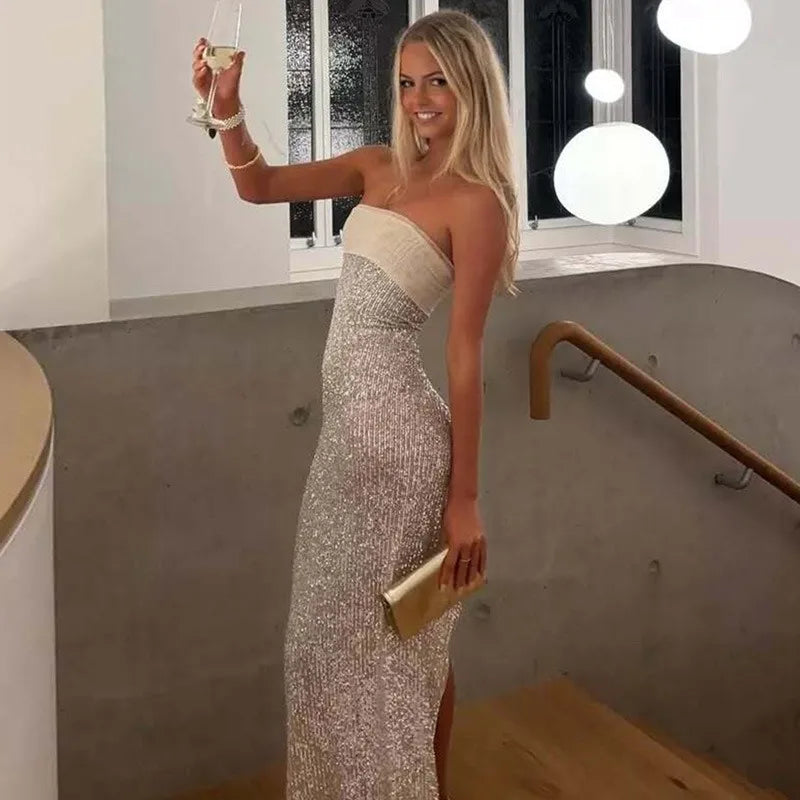Sequined Strapless Backless Slit Maxi Dress
