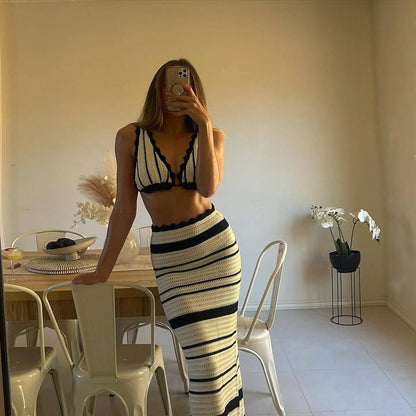 Knit Striped 2 Piece Maxi Set with Ruffled V-Neck