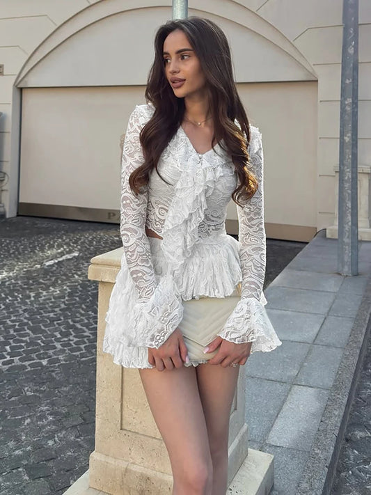 White Ruffles V-Neck Crop Top and Mini Skirt Set