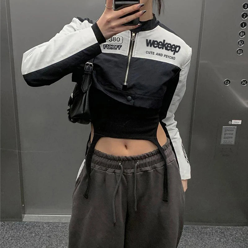 Moto Biker Crop Jackets Zip Up Patchwork Coats