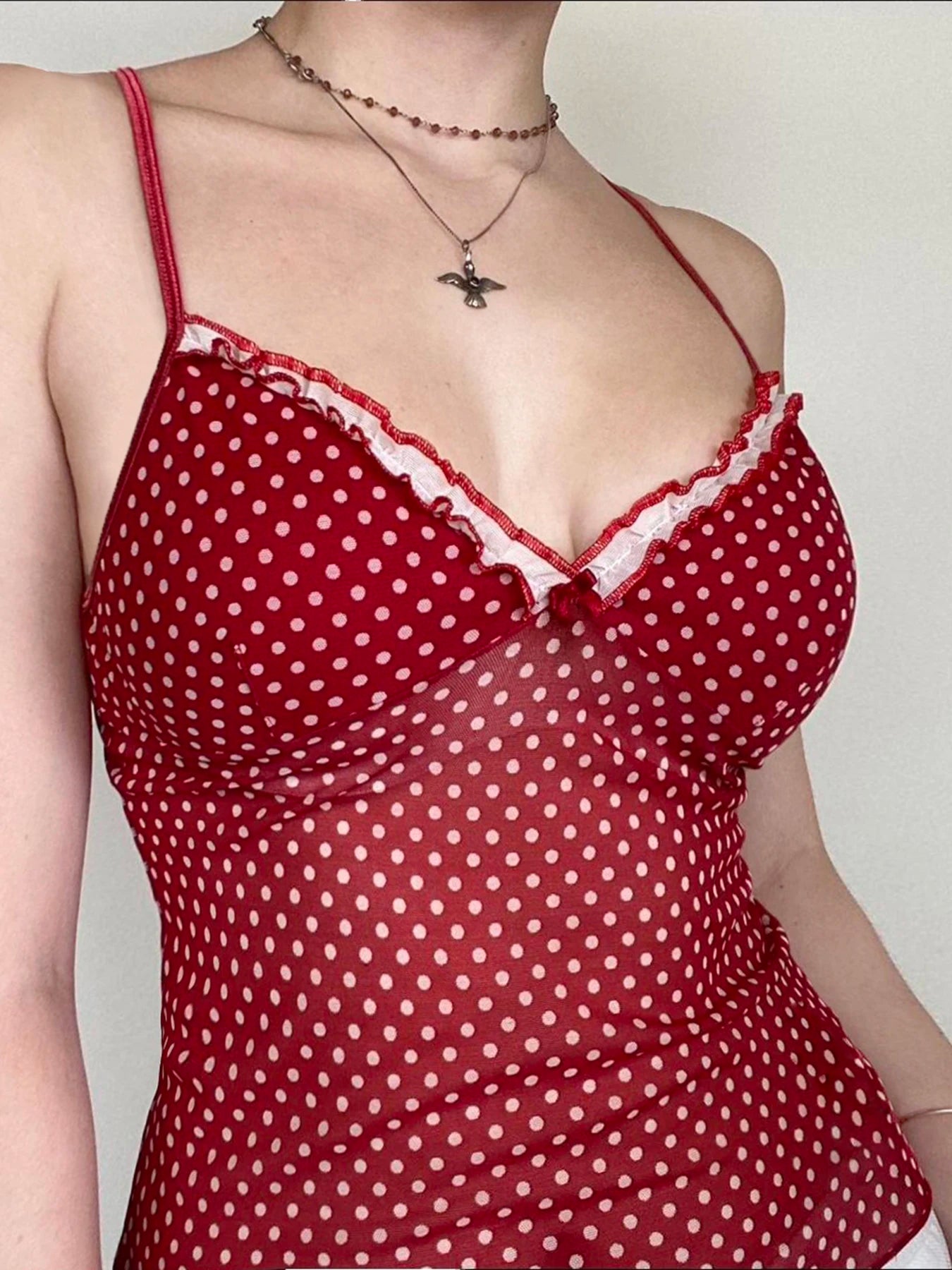 Red V-Neck Polka Dots Top