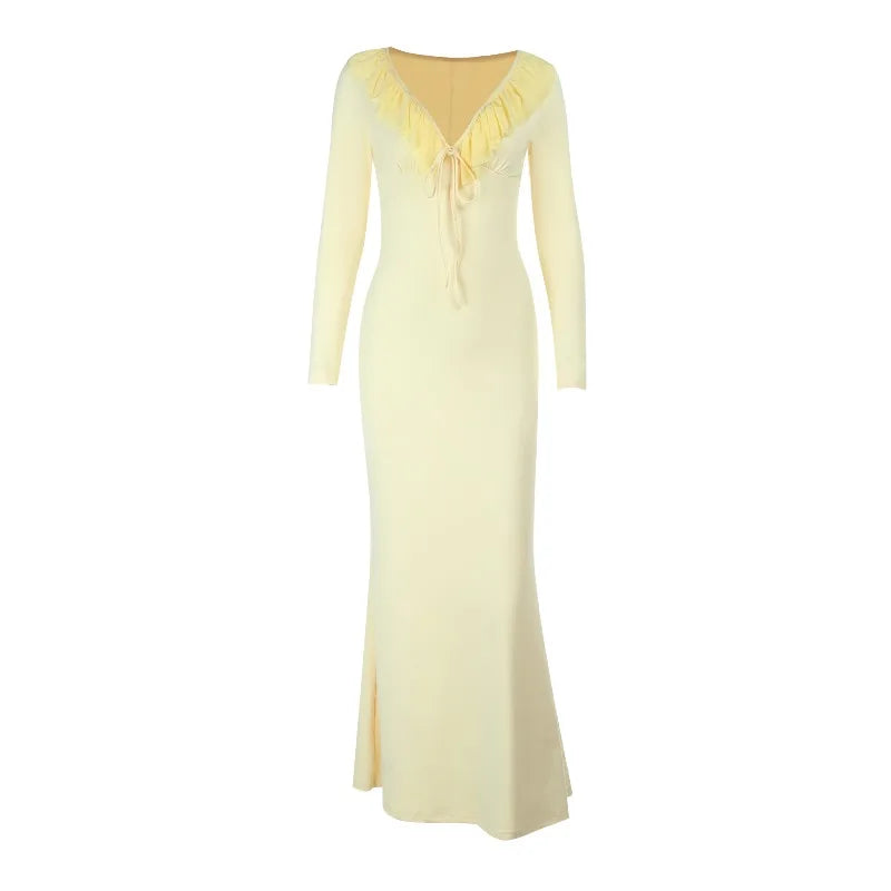 Yellow Ruffled V-Neck Long Sleeve Maxi Dress