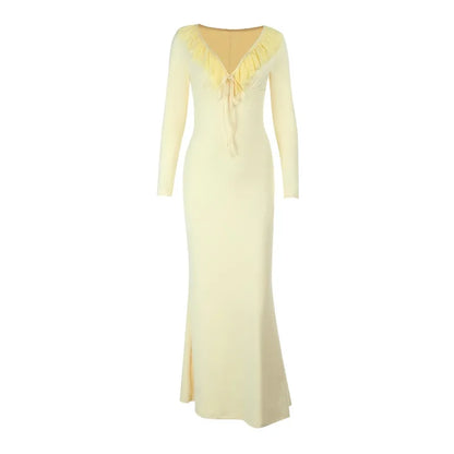 Yellow Ruffled V-Neck Long Sleeve Maxi Dress