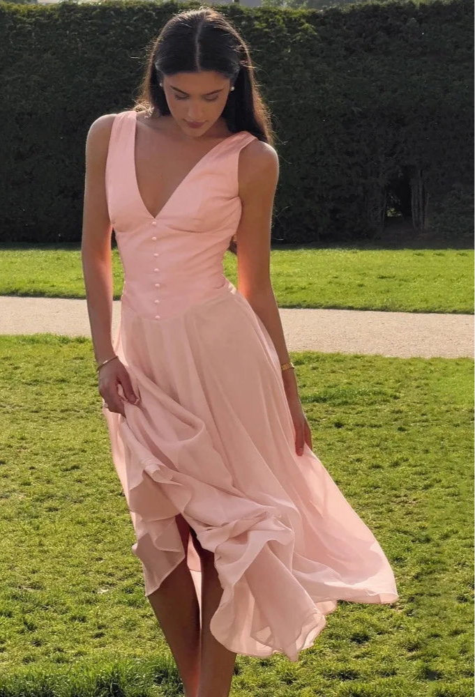 Pink V-Neck Sleeveless Chiffon Patchwork Midi Dress