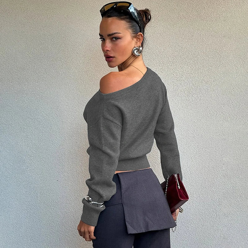 Inclined Shoulder Long Sleeve Slim Sweater