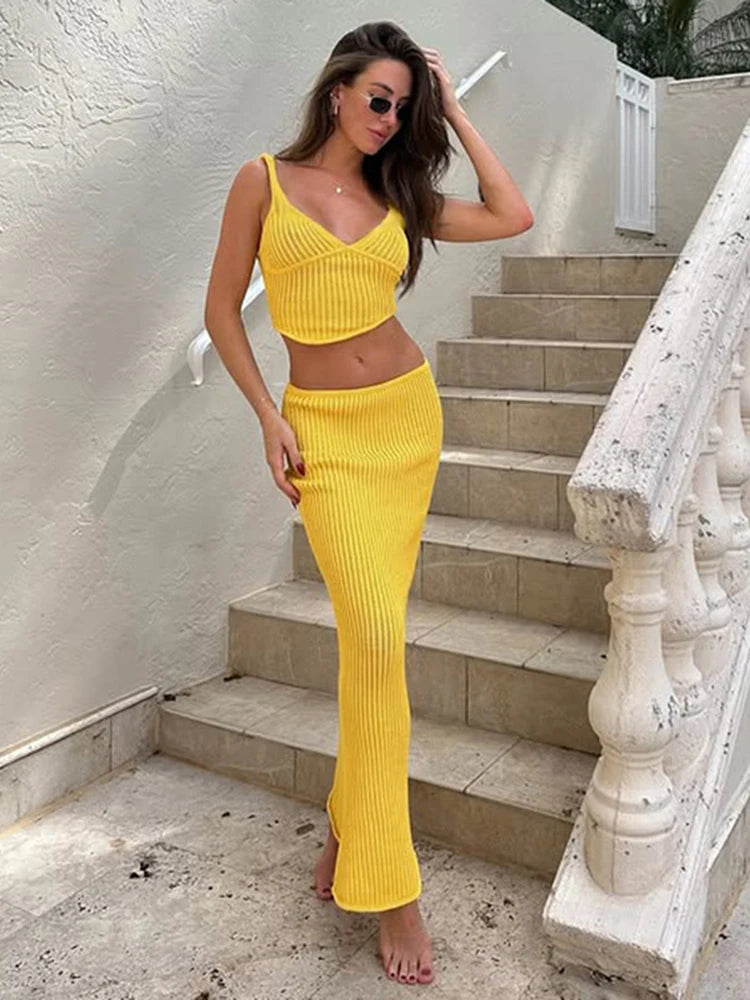 Hollow Knit Skirt Suit V Neck Navel Expose Top Long Skirt See Through Crochet Dress Set