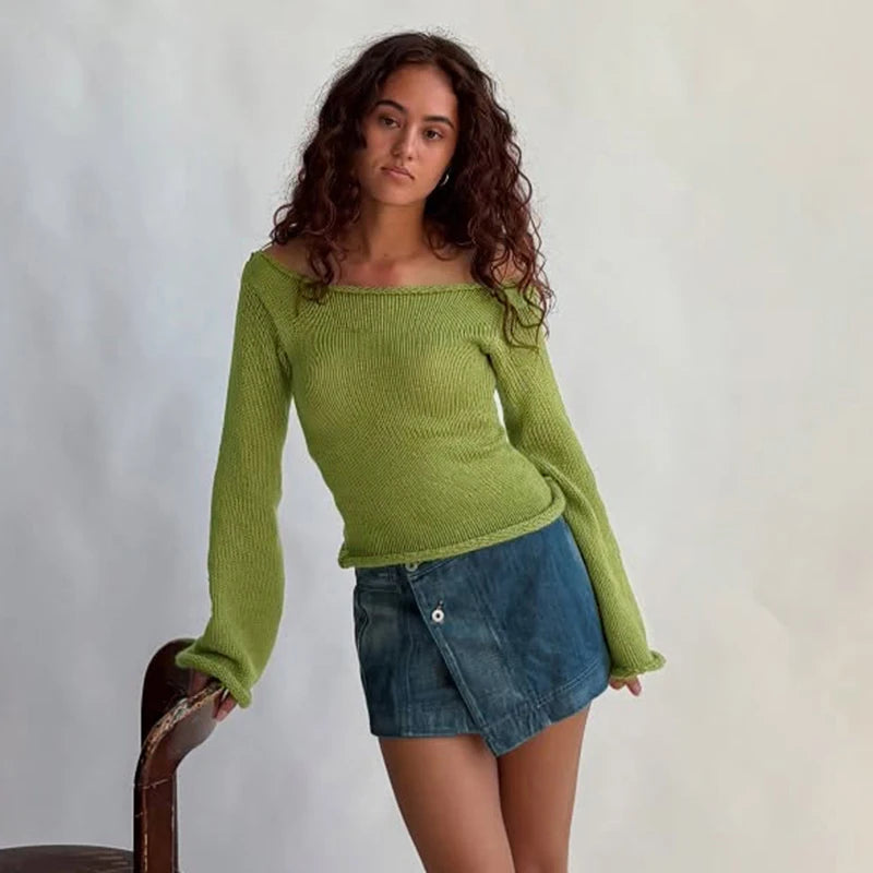 Knit Off Shoulder Slim Long Bell Sleeve Sweater