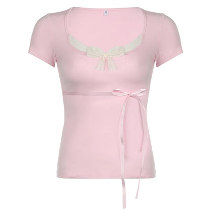 Lace Patchwork Kawaii Cropped Slim Top Pink