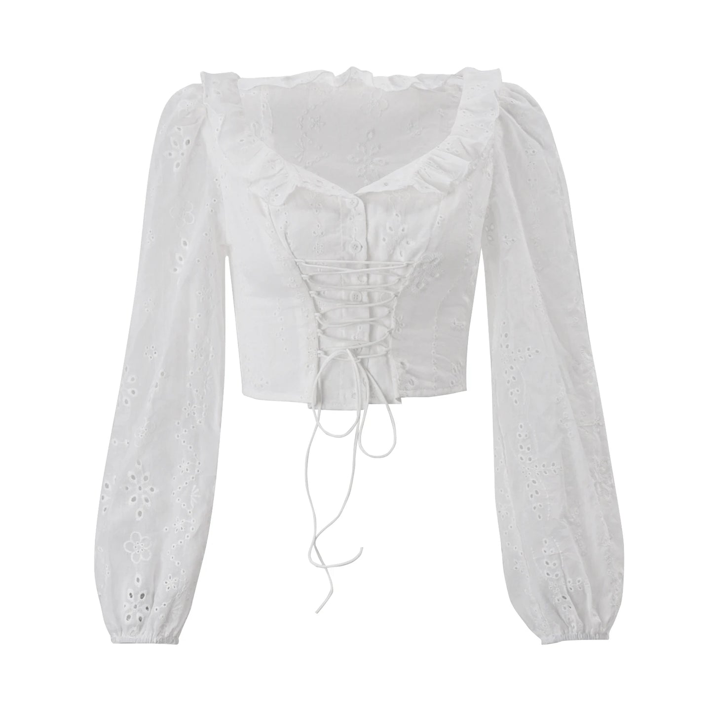 White V-Neck Long Sleeve Ruffle Crop Top