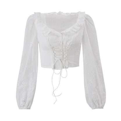 White V-Neck Long Sleeve Ruffle Crop Top