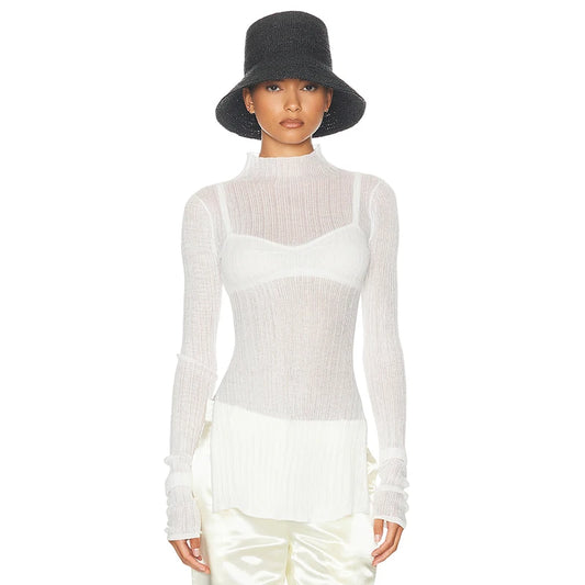 See Through Neck Pullover T-Shirt Long Sleeve Split Ribb Knit Top Side Slit