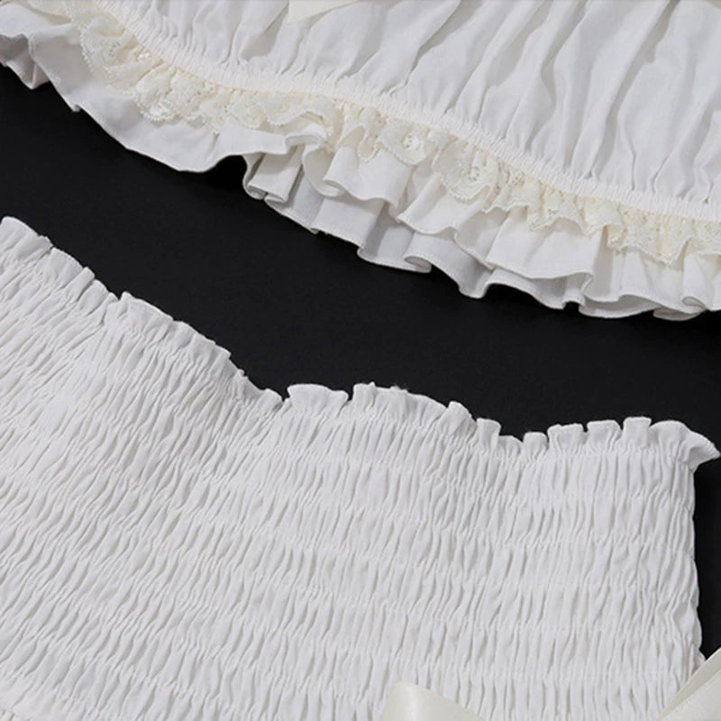 Fairycore Set 00s Bow Trim Off Shoulder Crop Tops T-shirt Ruffled Layered Mini Skirt