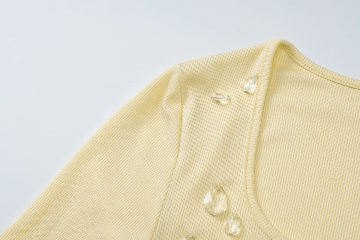 Knit Square Collar Long Sleeve Slim Water Droplets Diamond Top
